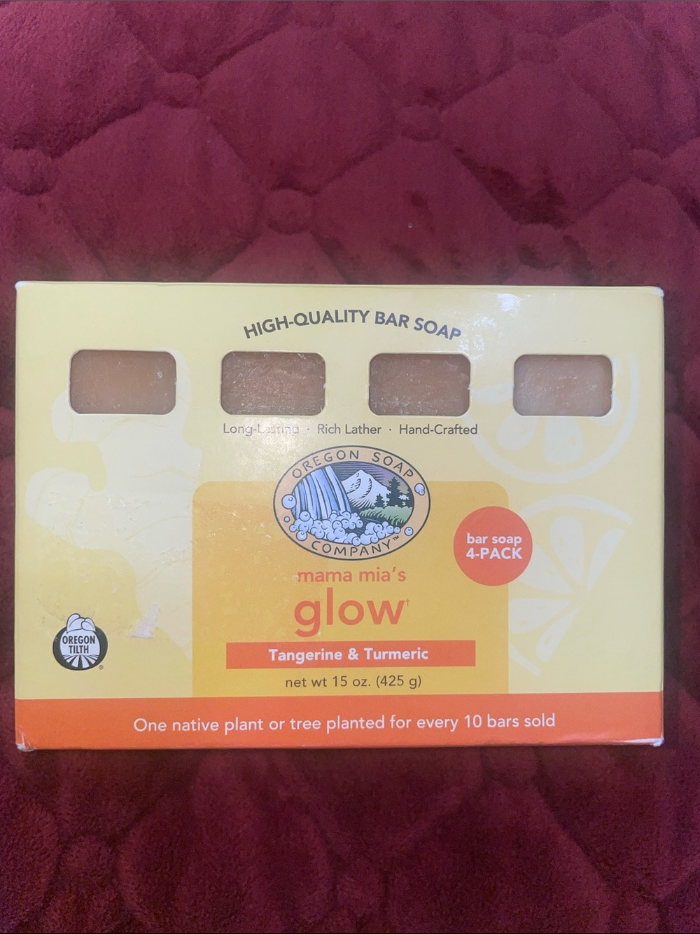 BNIB Mama Mia's Glow Hand Crafted Tangerine & Turmeric Bar Soap (4-Pack) 15 Oz